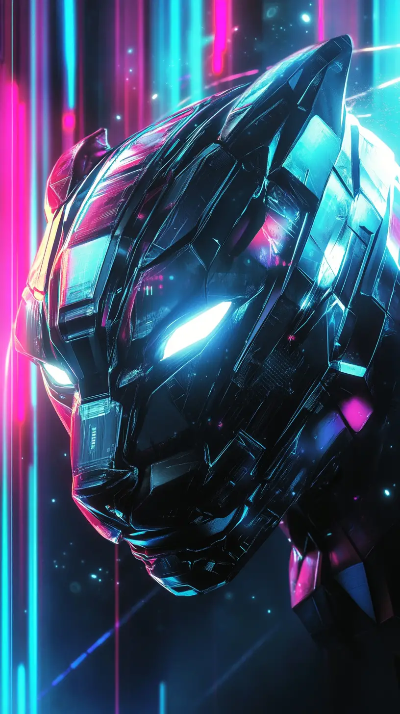 Futuristischer roboterhafter Pantherkopf im Neon-Glitch-Cyberlicht
