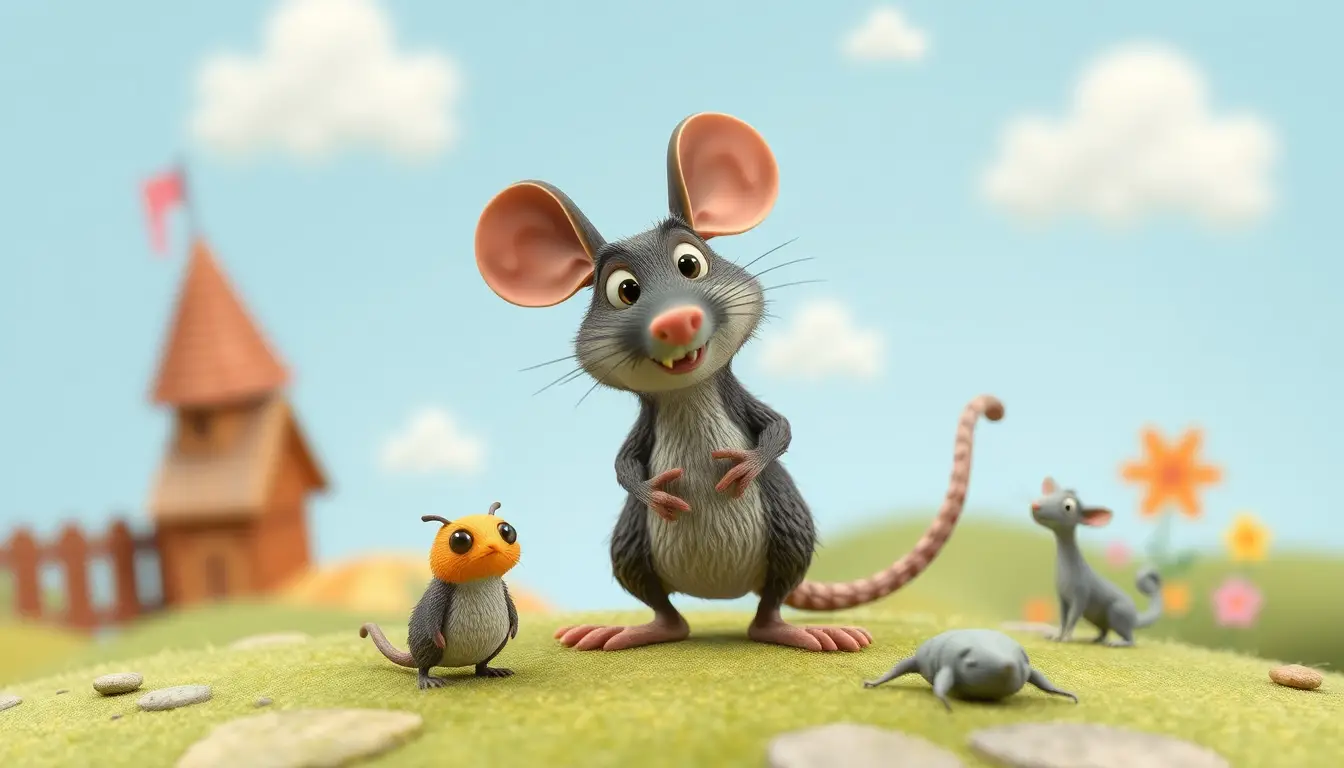 Greedy clay rat character in playful storybook style