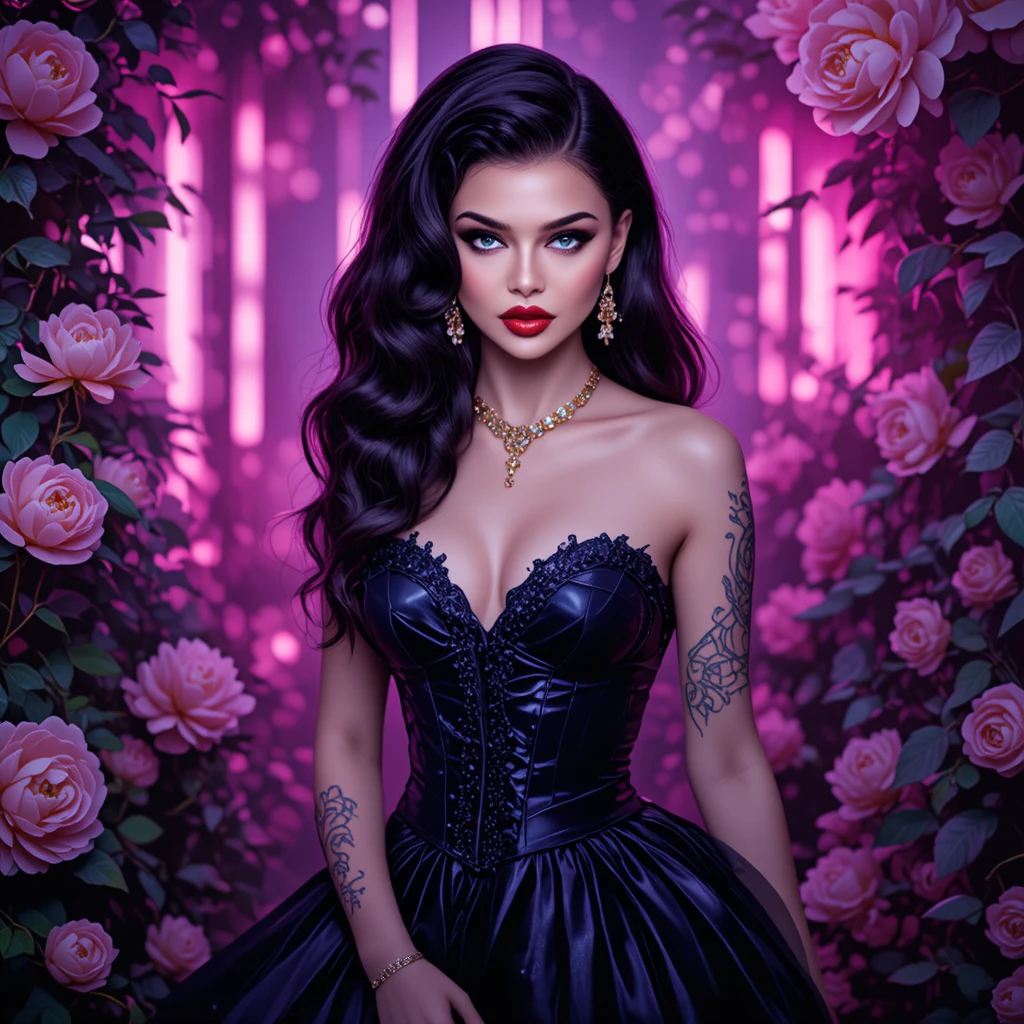 Elegant muse in powdered wig and corseted gown among peonies