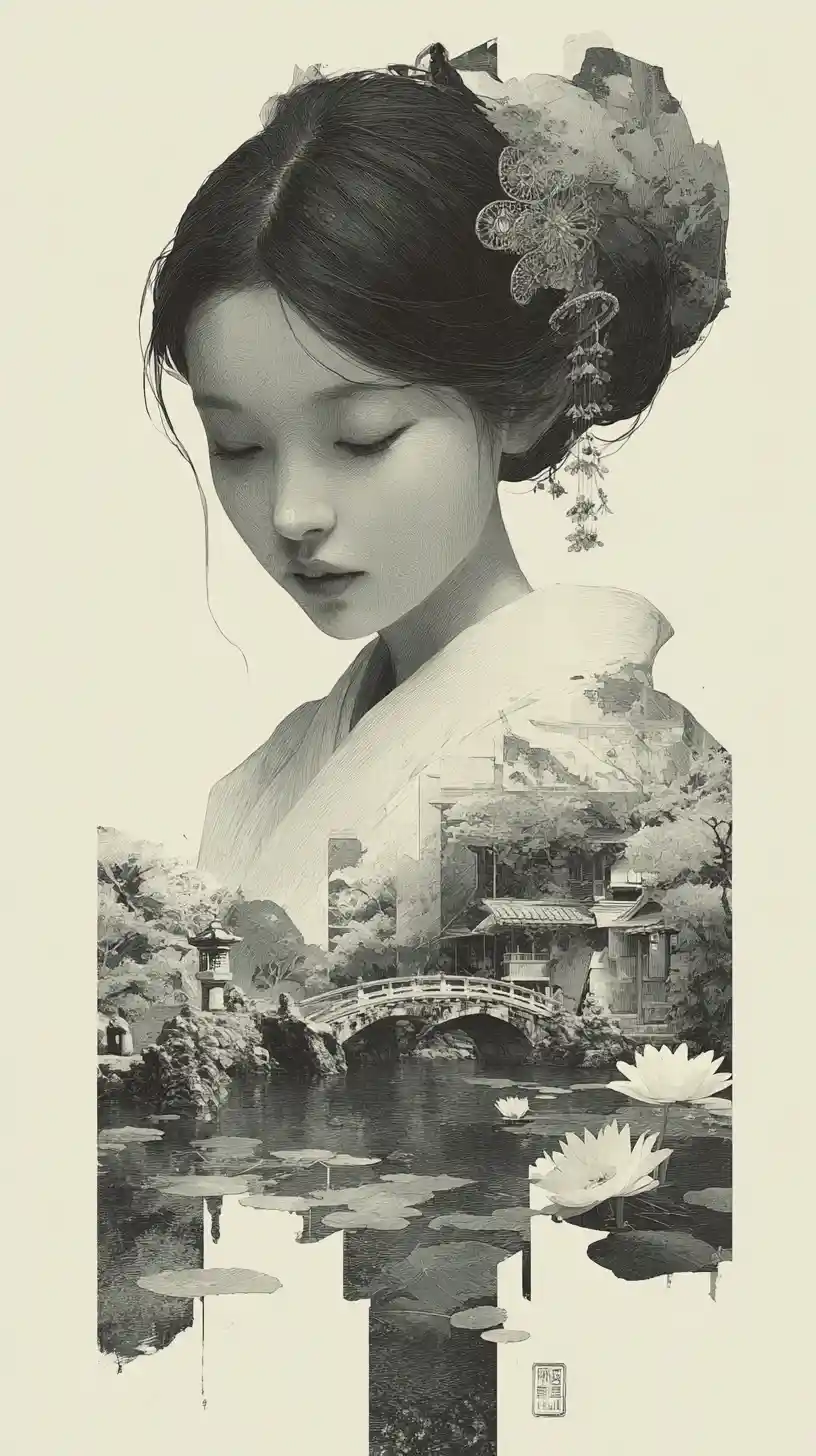 Contemplative Japanese woman with kimono and garden vision