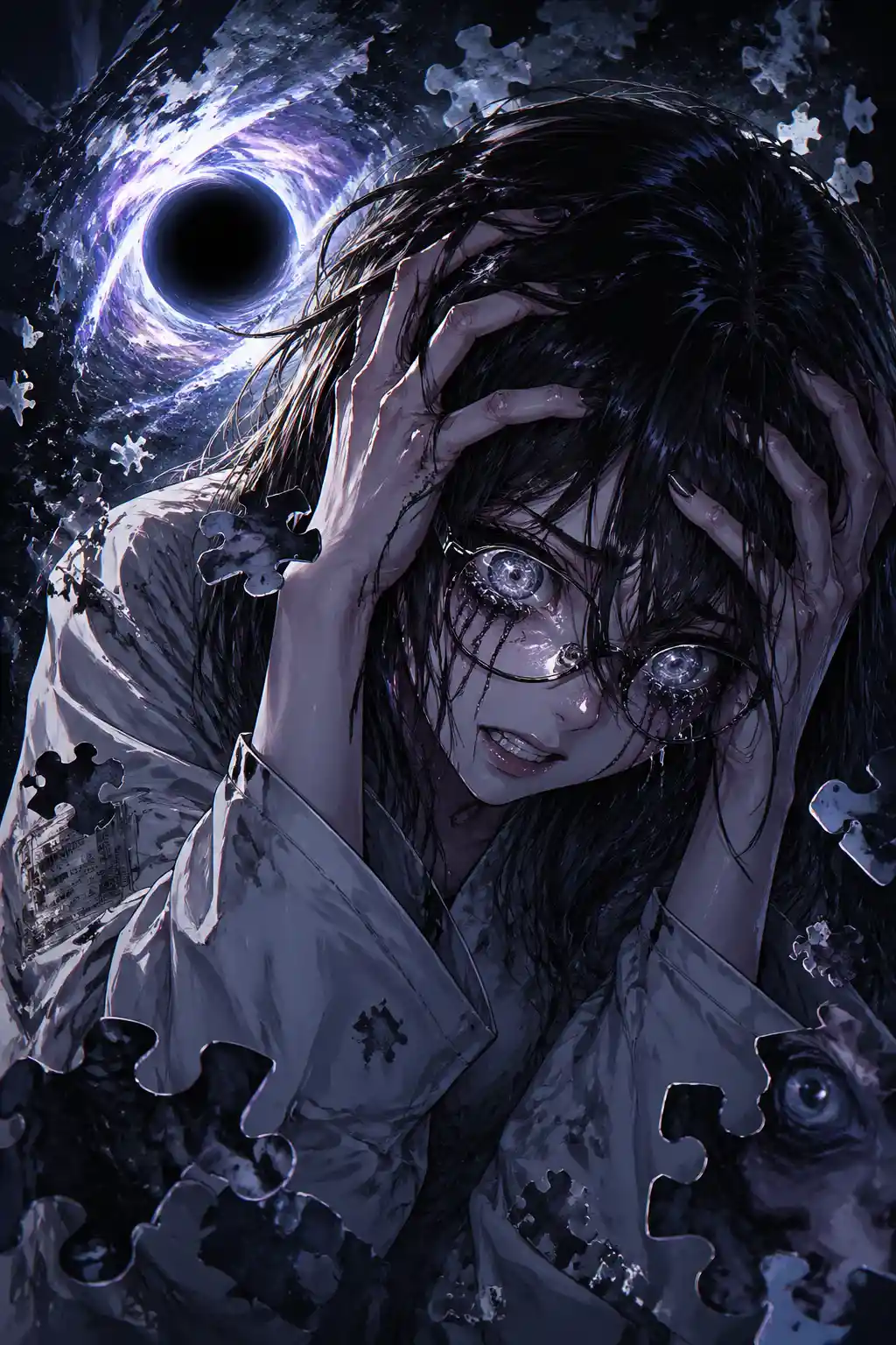 Disturbed girl clutching her head in dark sci fi portrait