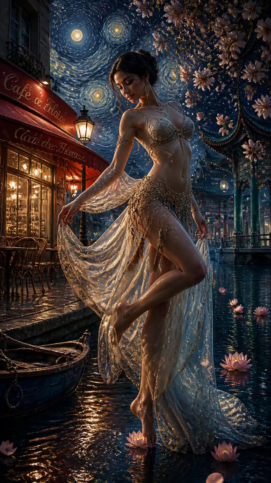 Ballerina mistica tra le luci del caffè e il fiume al chiaro di luna