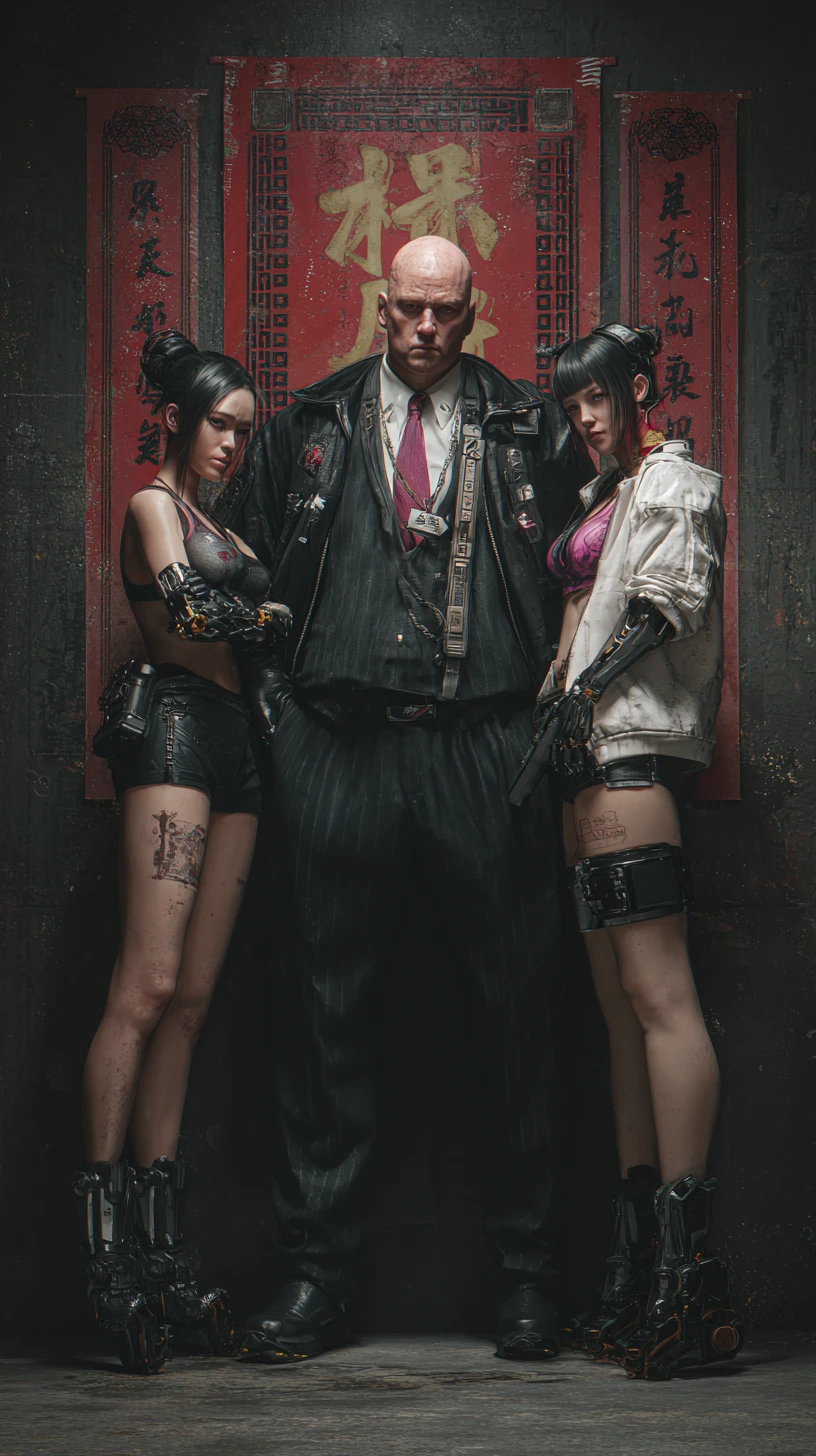 Cinematic kingpin with bodyguards in futuristic Chinese city