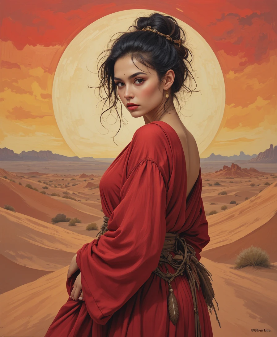 Woman in red robe before glowing desert sunset painting