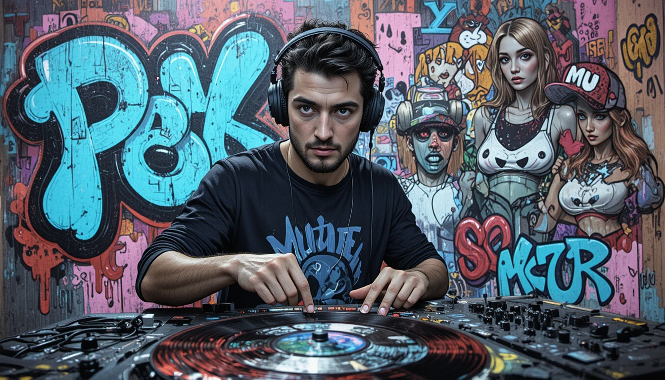 Neon graffiti style DJ man inspired by mixtape nostalgia