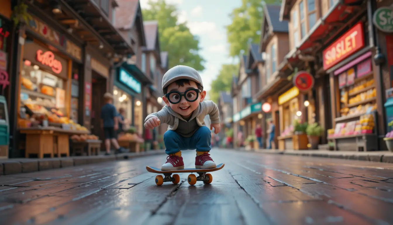 Winziger Kind-Skater rast durch einen farbenfrohen Markt