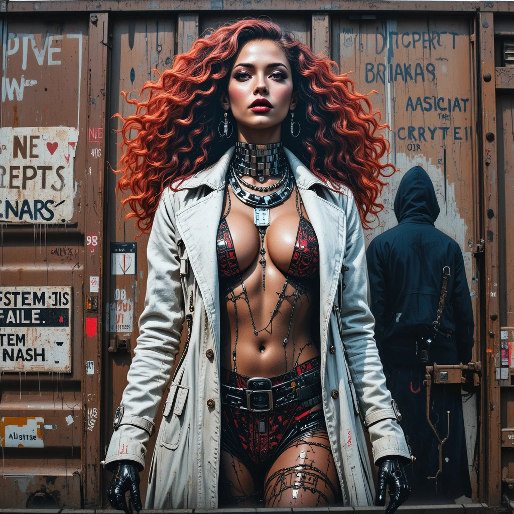 Graffiti mural of a cyberpunk woman on a weathered train