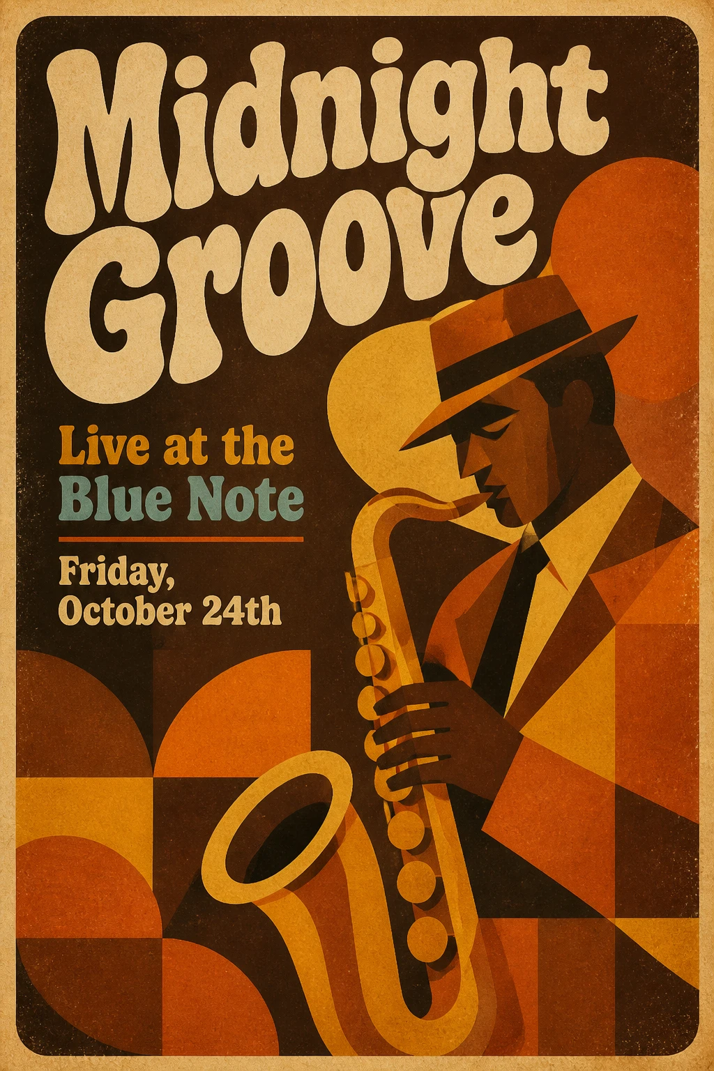 Retro jazz festival poster with abstract saxophone player