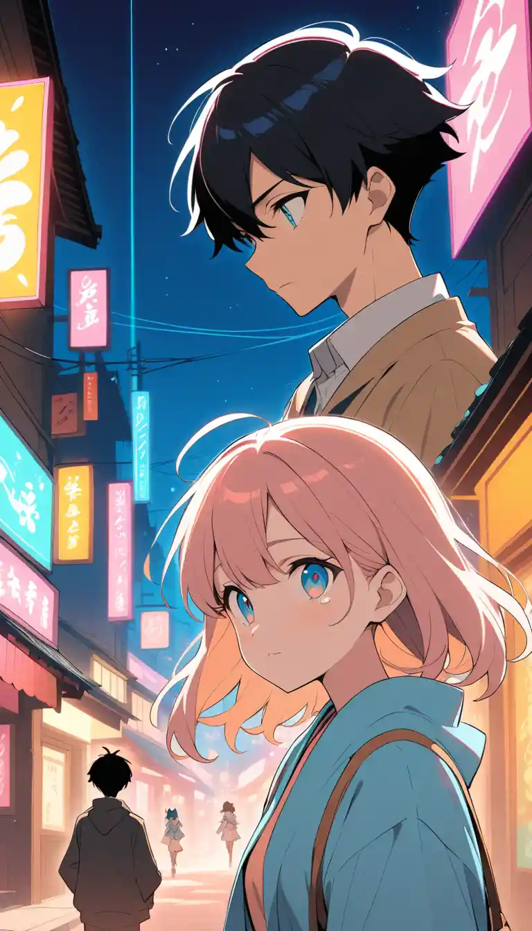 Emotional anime couple close up on a neon lit street