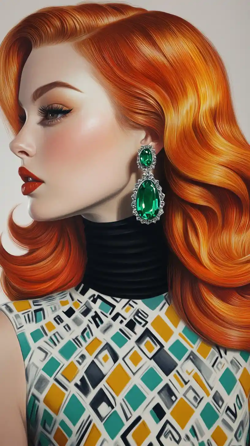 Fashion bust portrait with orange wavy hair and bold earrings