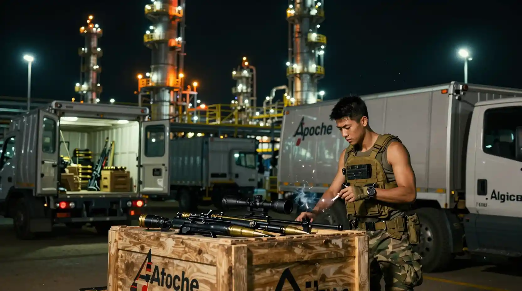 Armed soldier at night in an African oil refinery