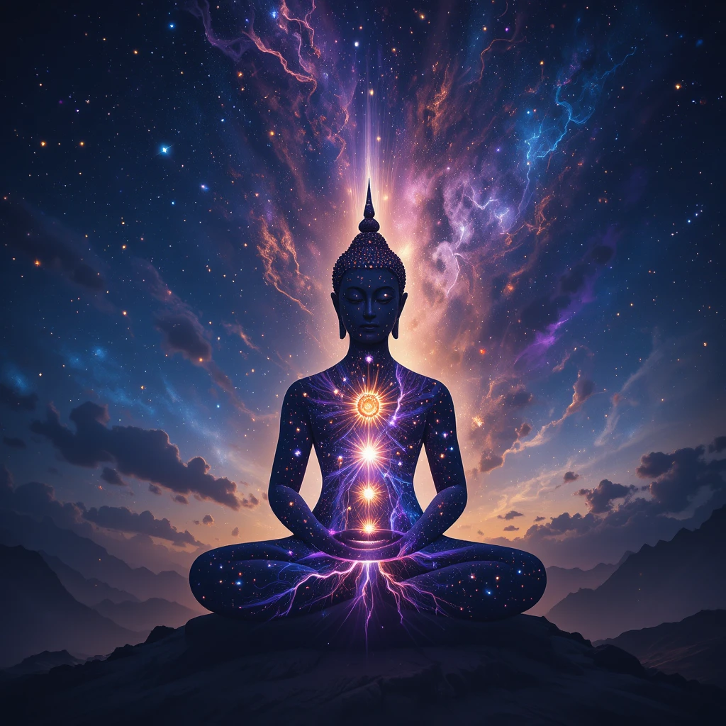 Cosmic Buddha silhouette with glowing chakra energy points