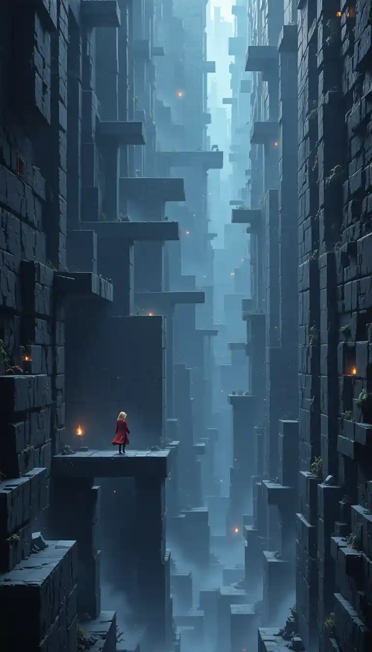 Girl in red coat running through a stone maze wall