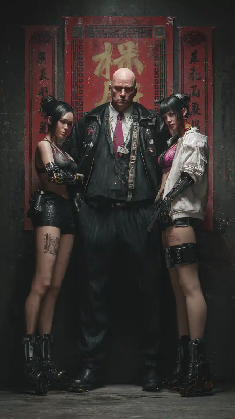 Cinematic kingpin with bodyguards in futuristic Chinese city
