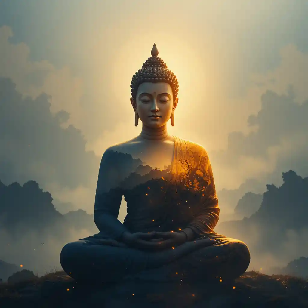 Double exposure Buddha meditation in glowing spiritual landscape