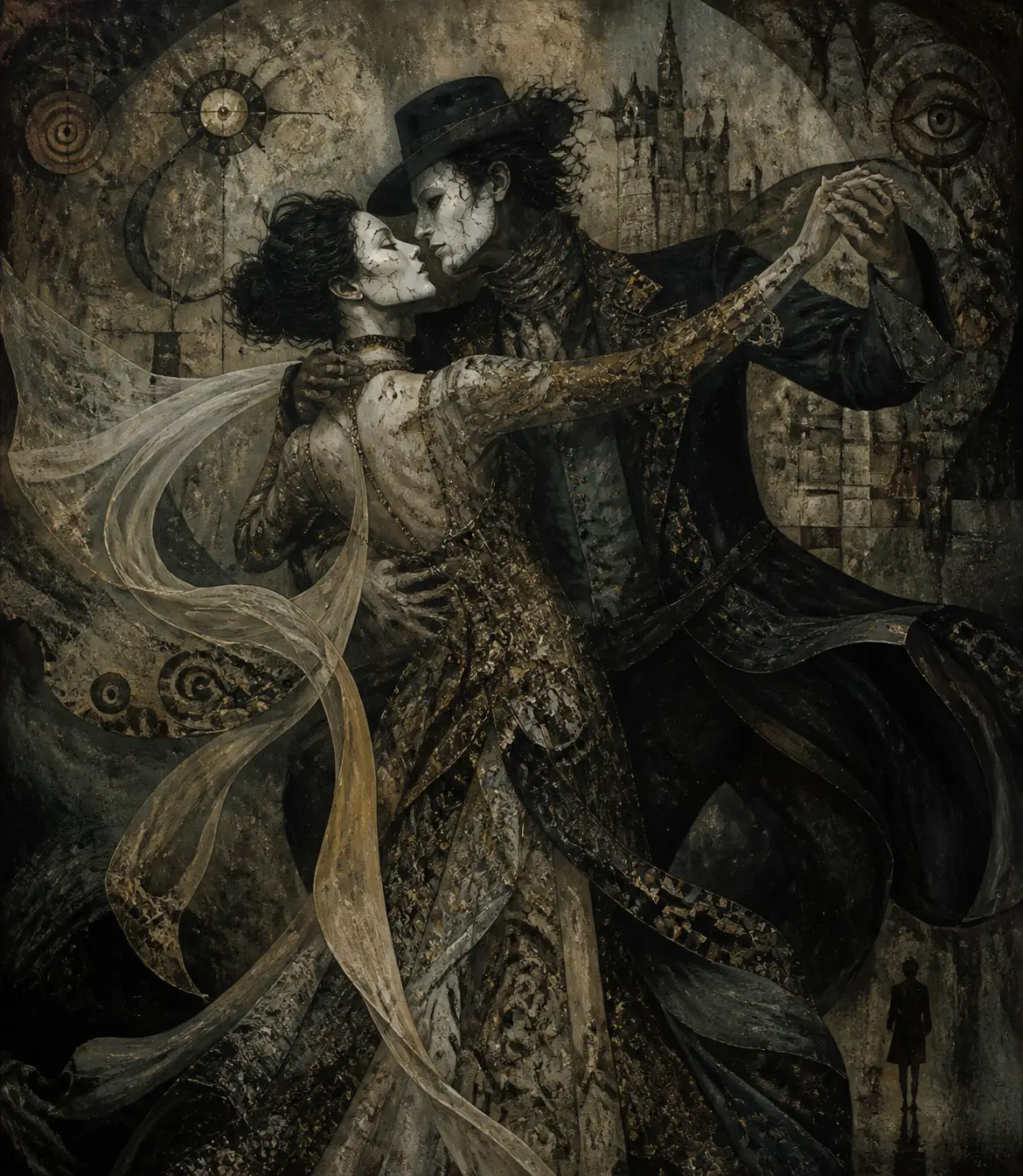 Surreal noir couple in a romantic dance with white cracked masks