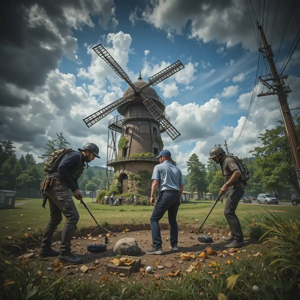 Urban street golf players struggle at the windmill obstacle
