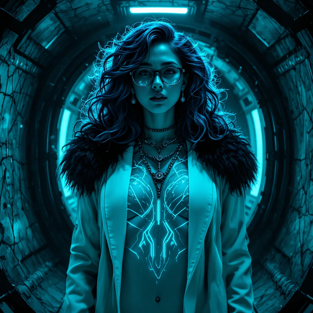 Cyberpunk femme fatale in glowing underwater reactor chamber