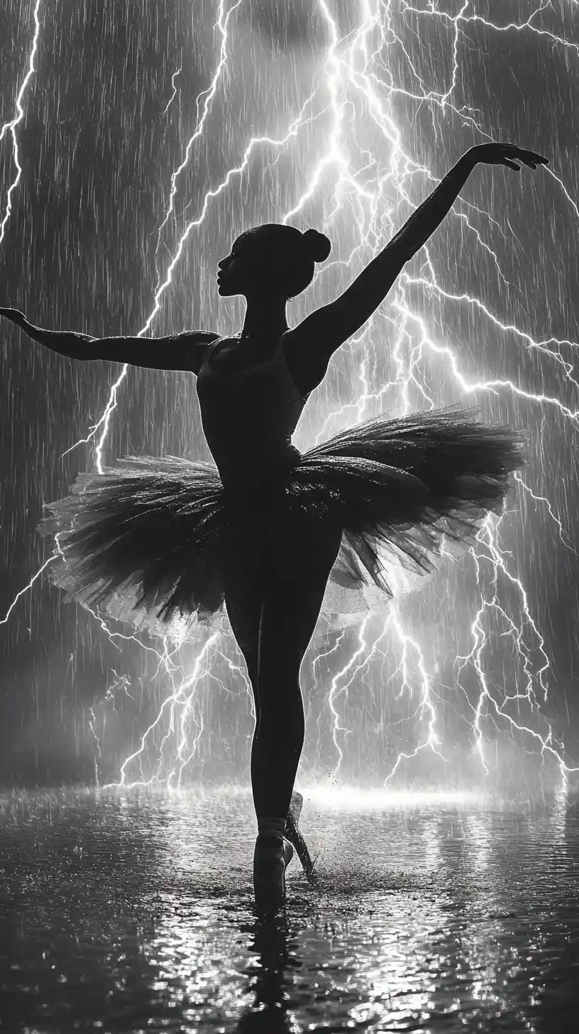 Ballerina melanina che danza sotto la pioggia in bianco e nero