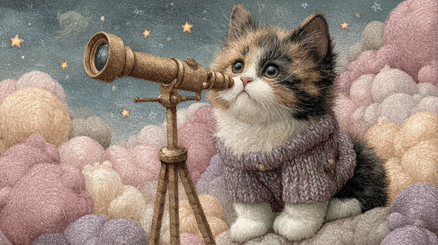 Minúsculo gatito carey en luna creciente con telescopio