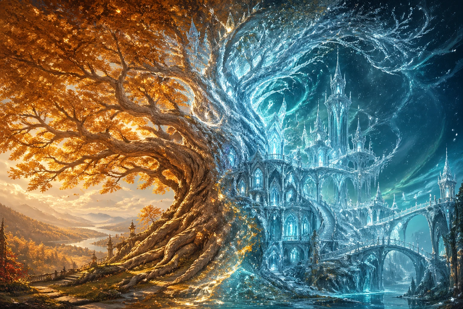 Ancient Tree Transforming Into Crystalline Ice Palace