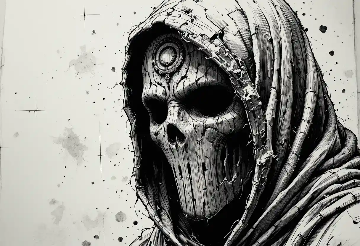 Hooded figure with wooden mask in stark ink chiaroscuro