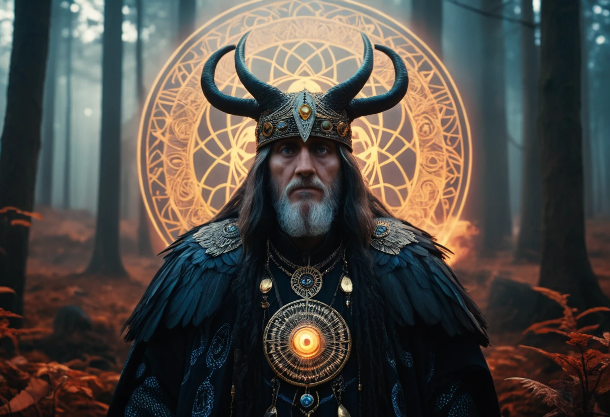 Surreal vision of a shaman with a mythical eight legged horse