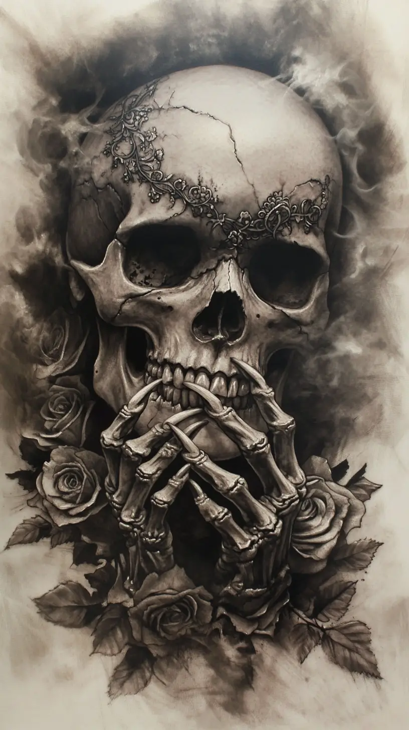 Gothic skull with clasped skeletal hands and blooming roses