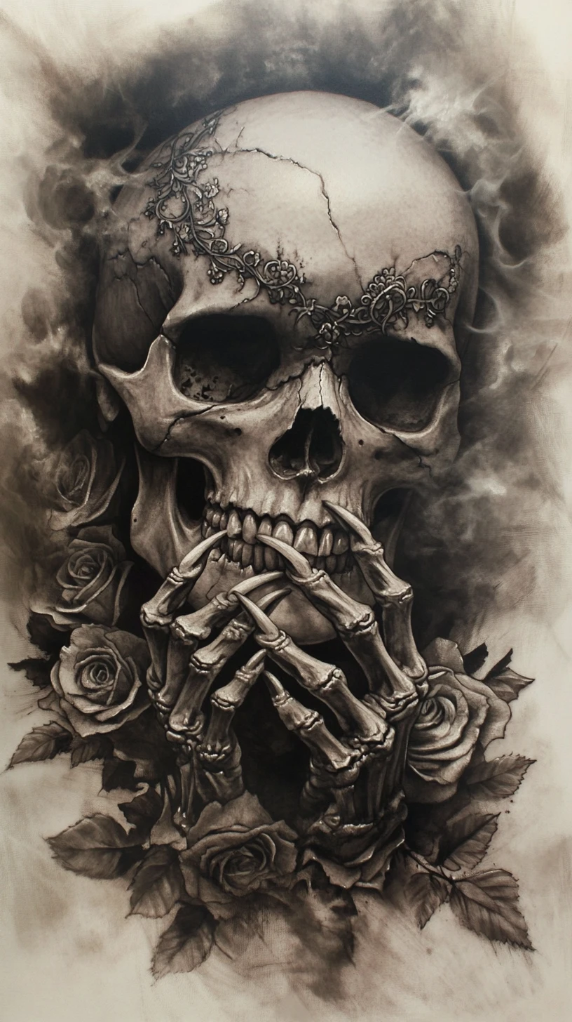 Gothic skull with clasped skeletal hands and blooming roses