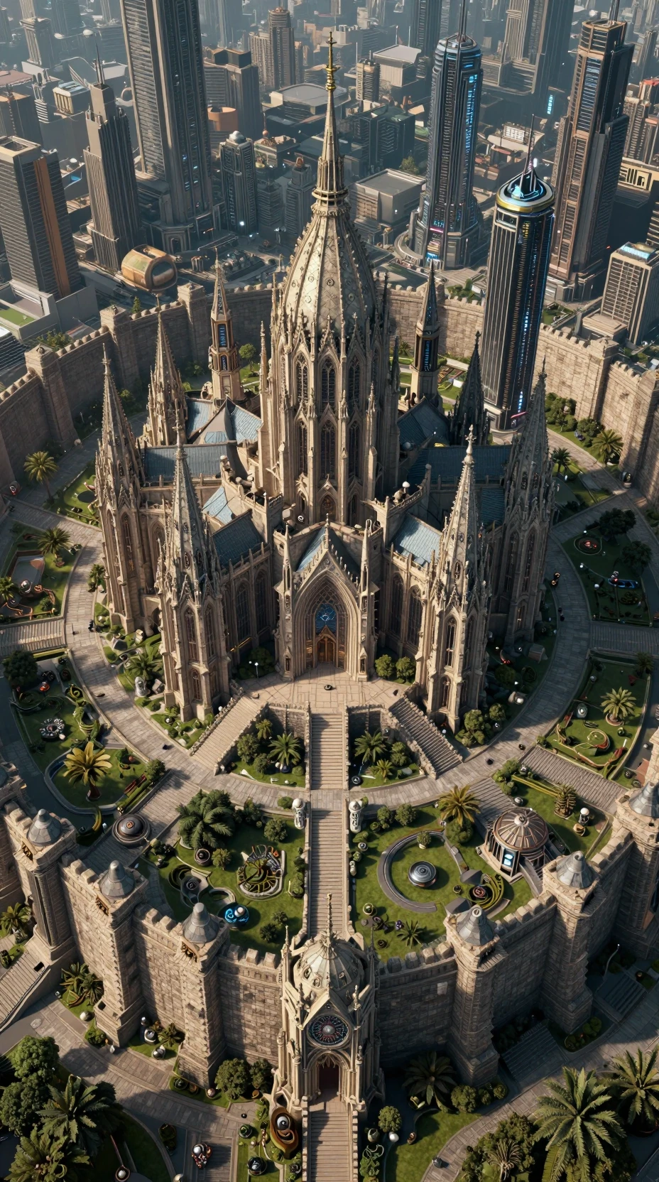 Aerial view of a gothic cyberpunk celestial fortress city