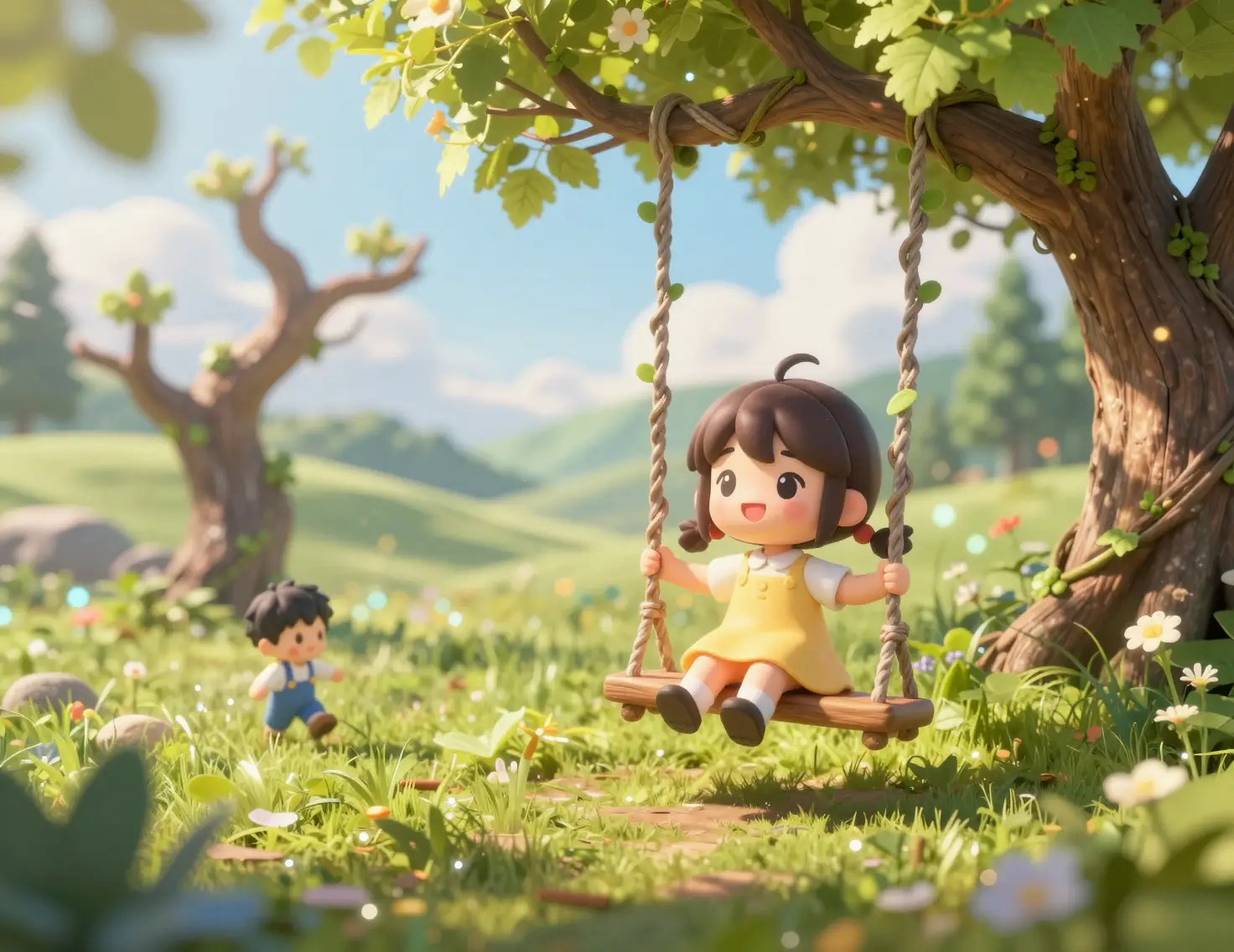 Ragazza chibi su un’altalena di rampicanti in un prato luminoso nel bosco