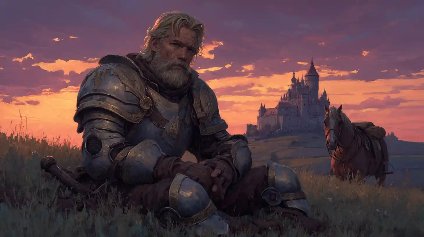 Weary Knight Resting On Hill At Glowing Sunset