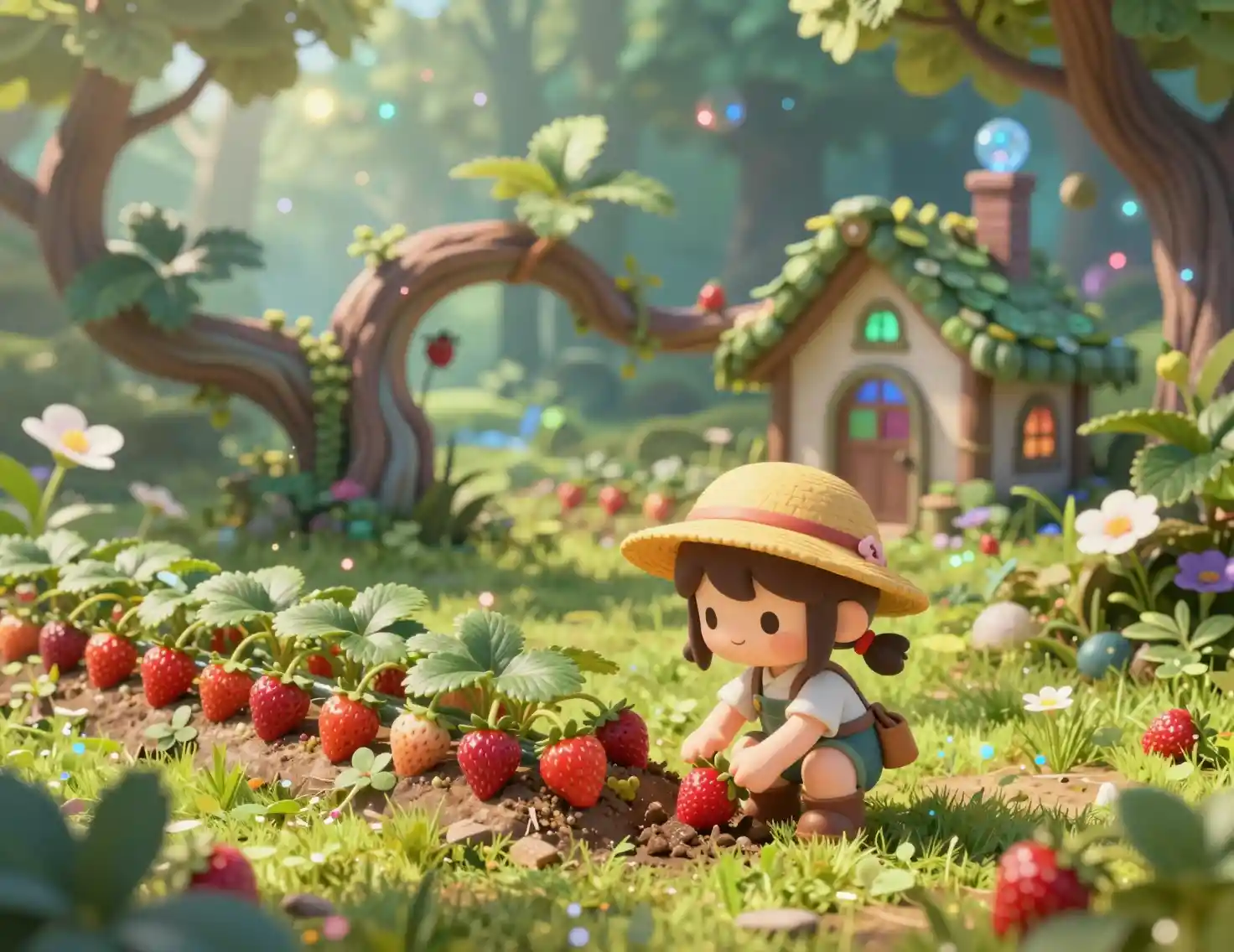 Dolce contadinella chibi che cura le fragole in un prato nel bosco