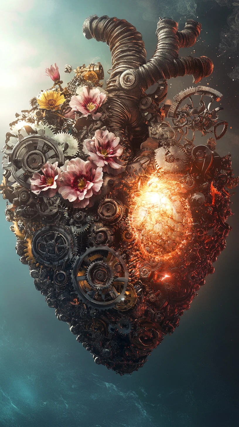 Surreal heart of flowers and gears glowing with inner light