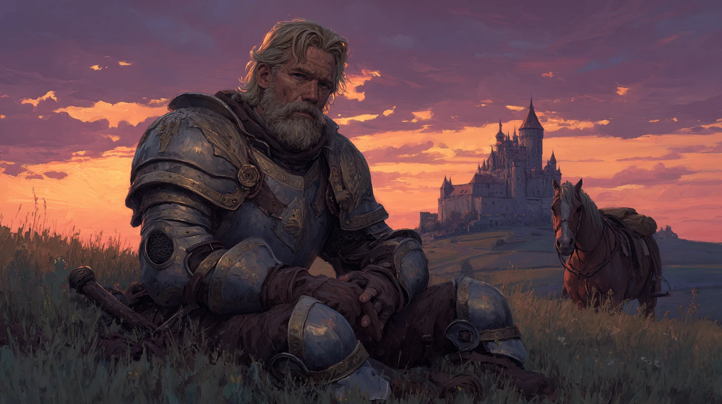 Weary Knight Resting On Hill At Glowing Sunset