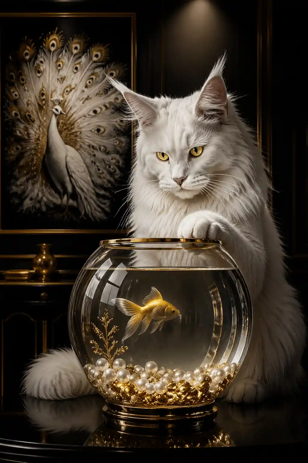 Weiße Maine-Coon-Katze betrachtet ein Goldfischglas im Scheinwerferlicht
