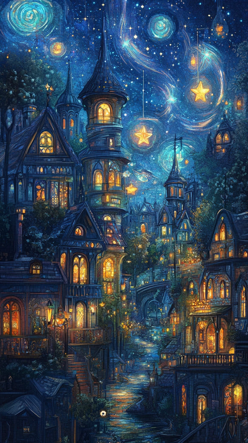 Serene Fantasy Village Under A Deep Blue Night Sky