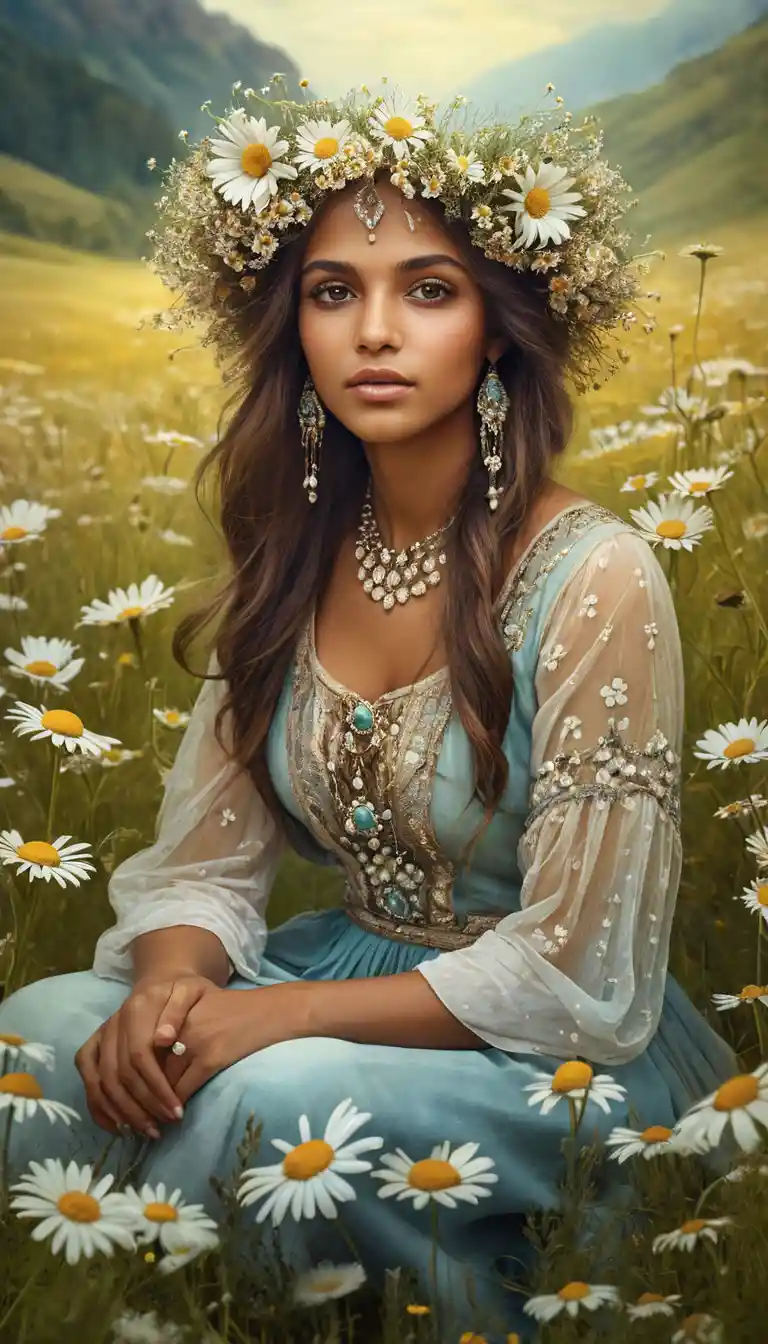 Mystical woman in a flower meadow reading the future