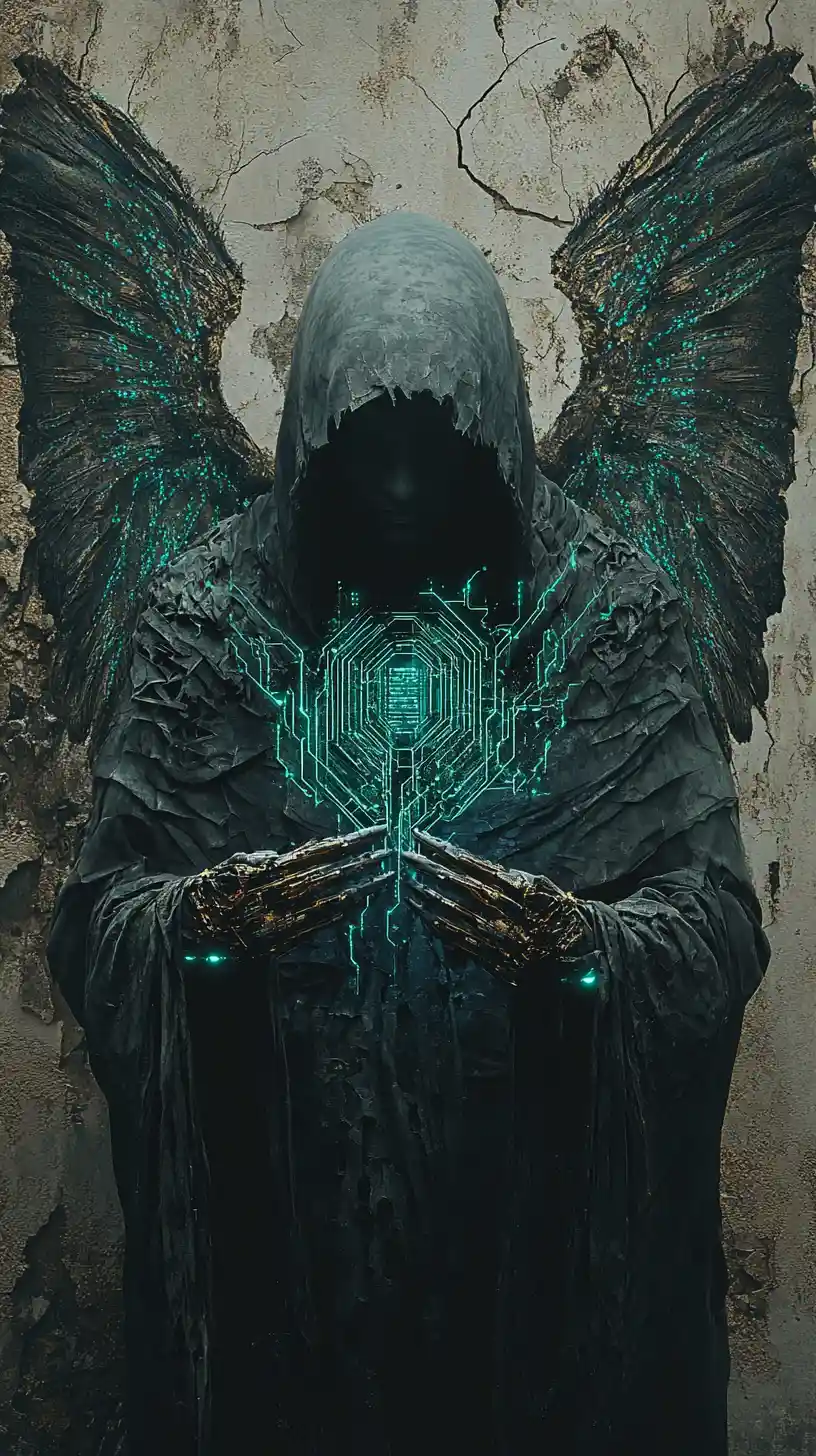 Hooded angelic warrior with fractured wings and teal energy