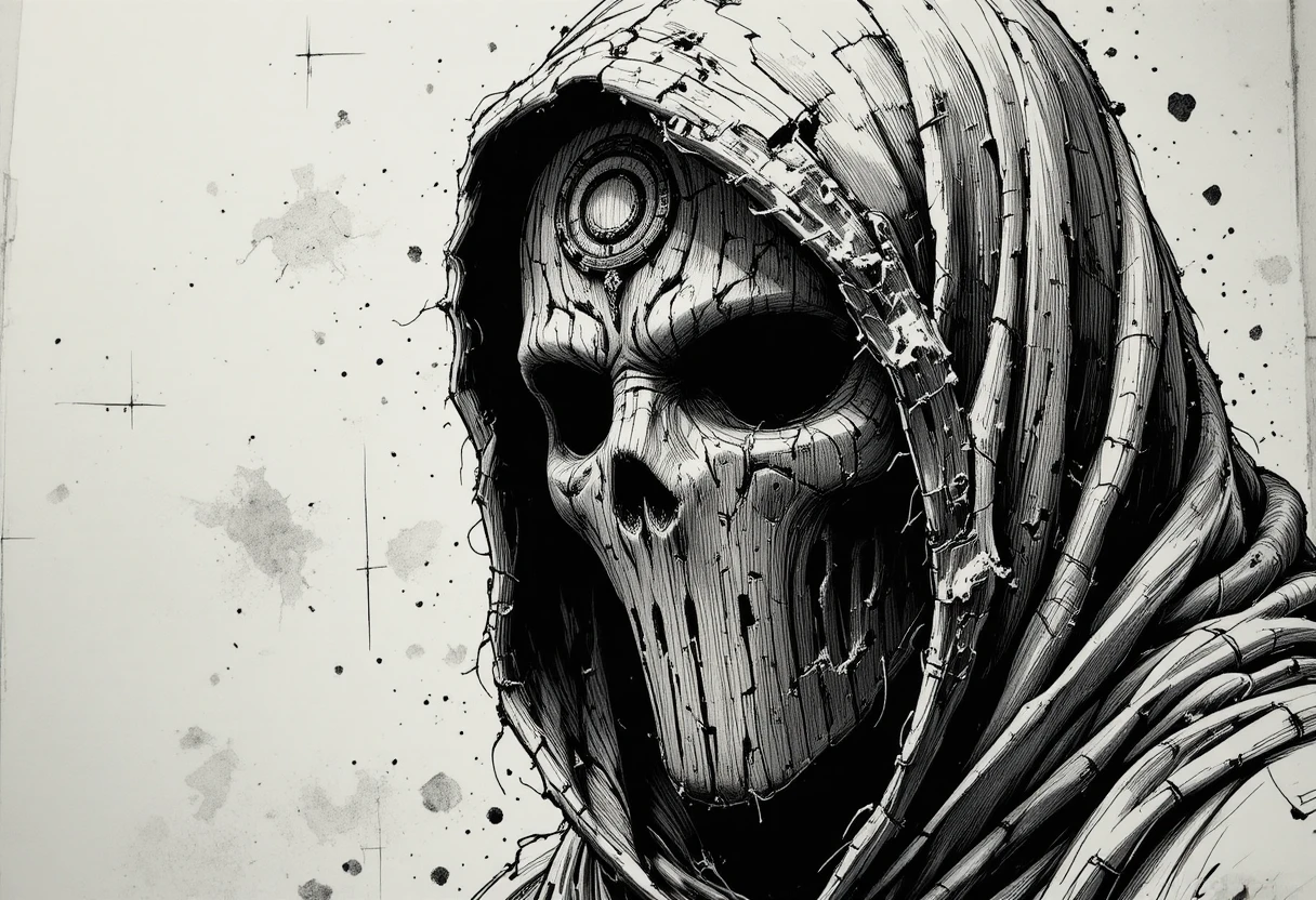 Hooded figure with wooden mask in stark ink chiaroscuro