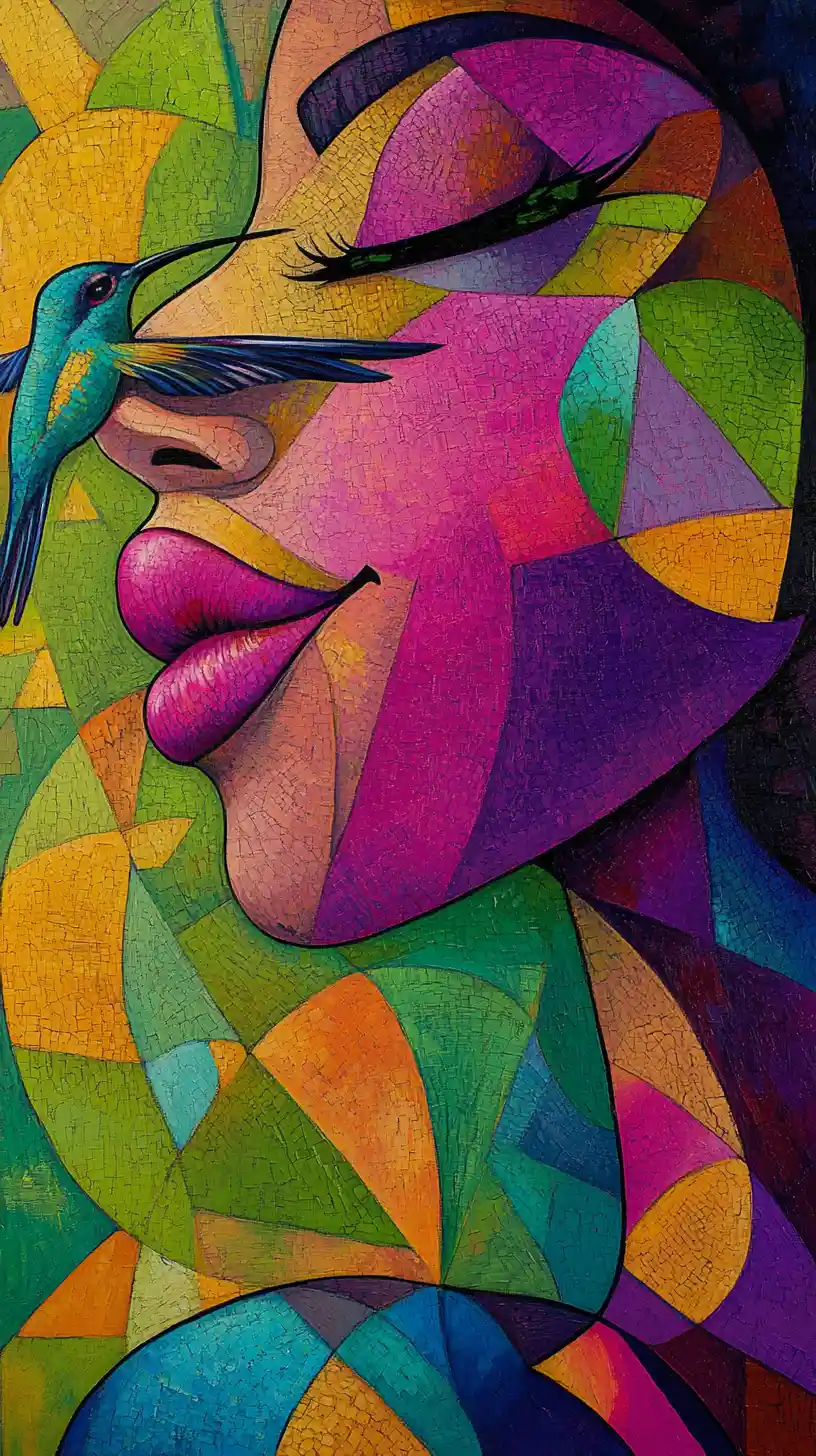 Abstract cubist woman with hovering hummingbird portrait
