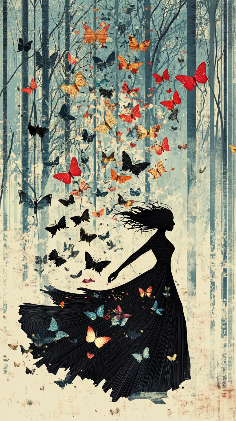 Woman dissolving into butterflies in a whimsical forest
