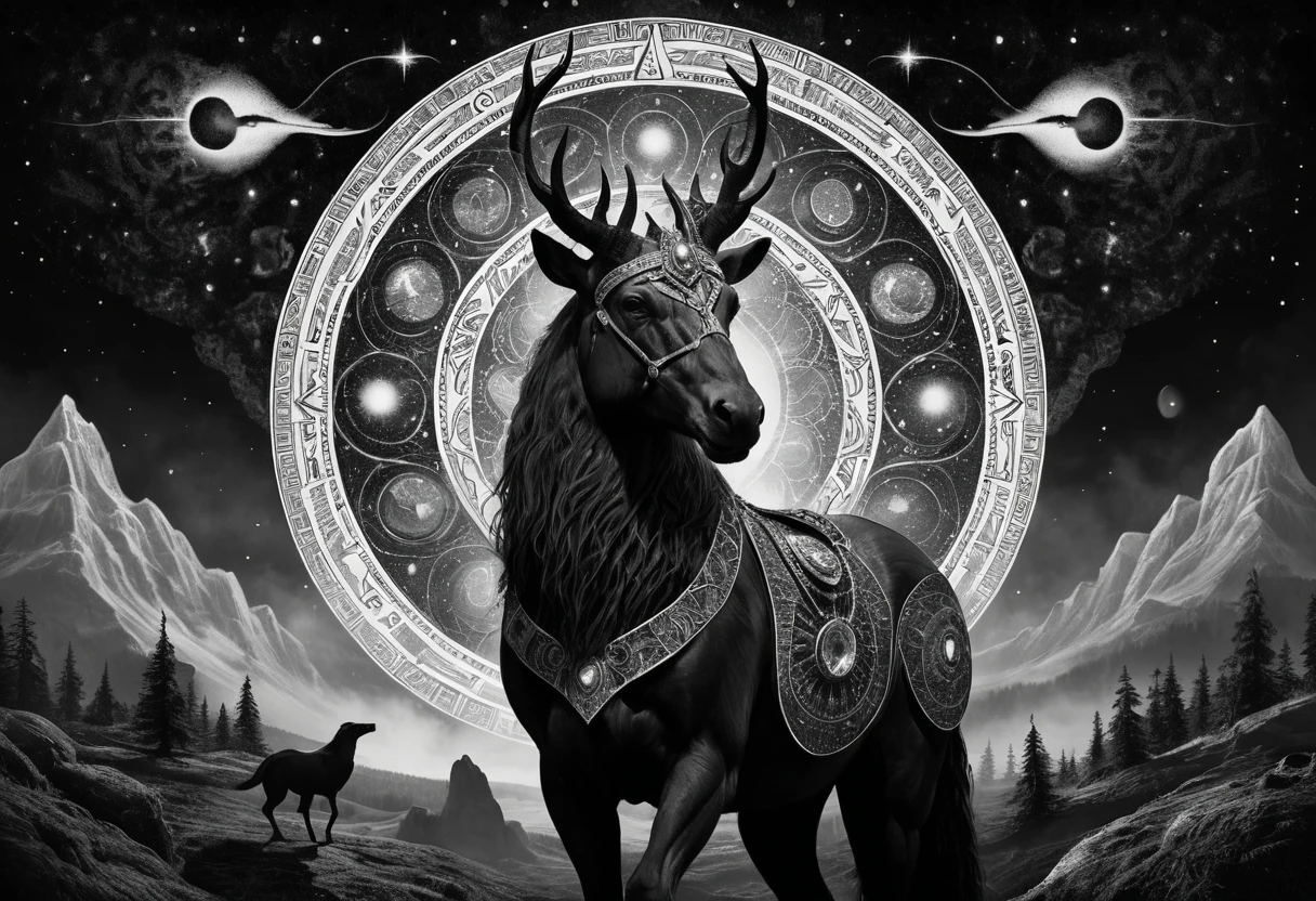 Shamanic vision of a luminous mythical horse and seer