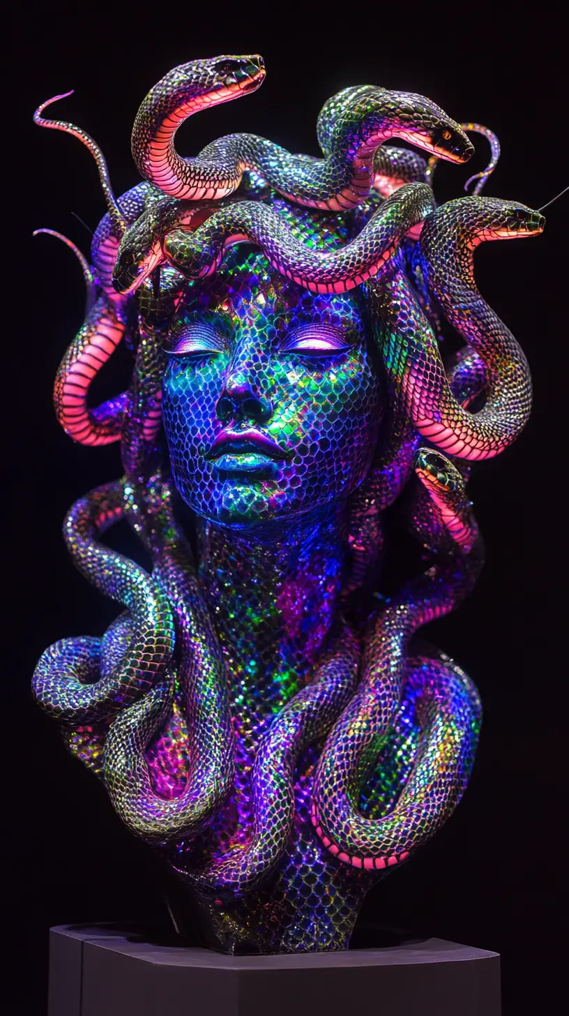 Otherworldly Medusa Surrounded By Neon Serpents