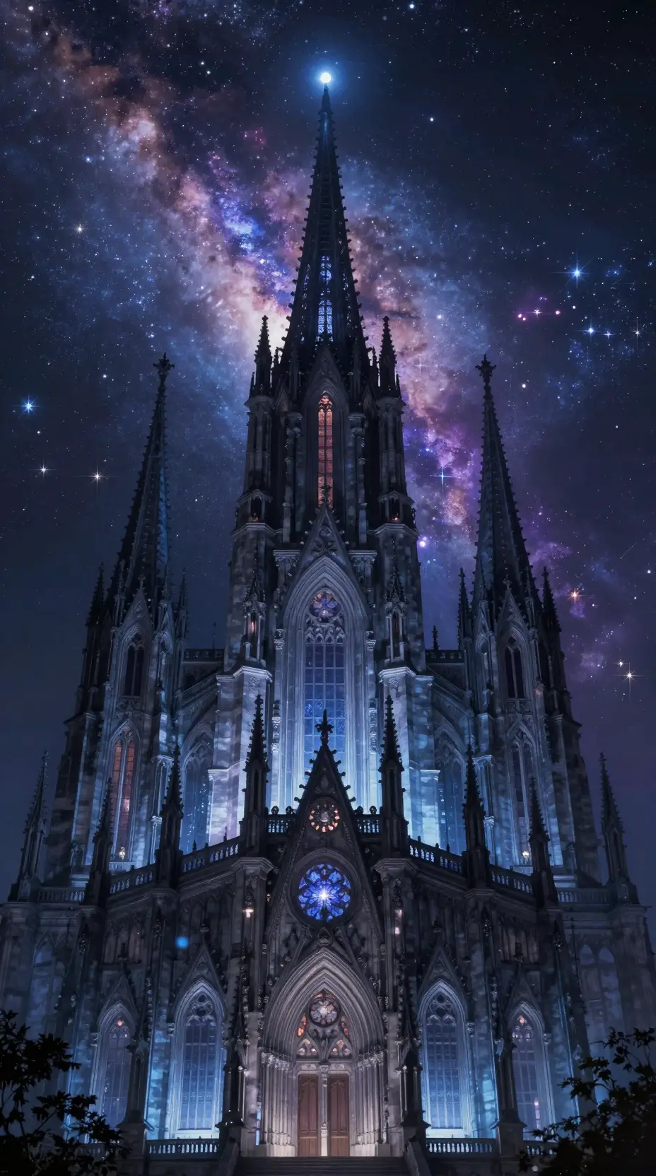 Majestic celestial fantasy city under a cosmic night sky