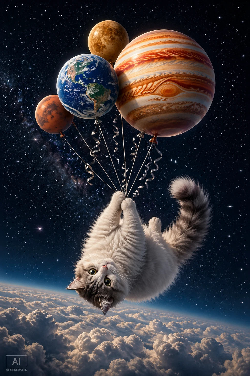 Gato esponjoso flotando con globos de planetas en el espacio