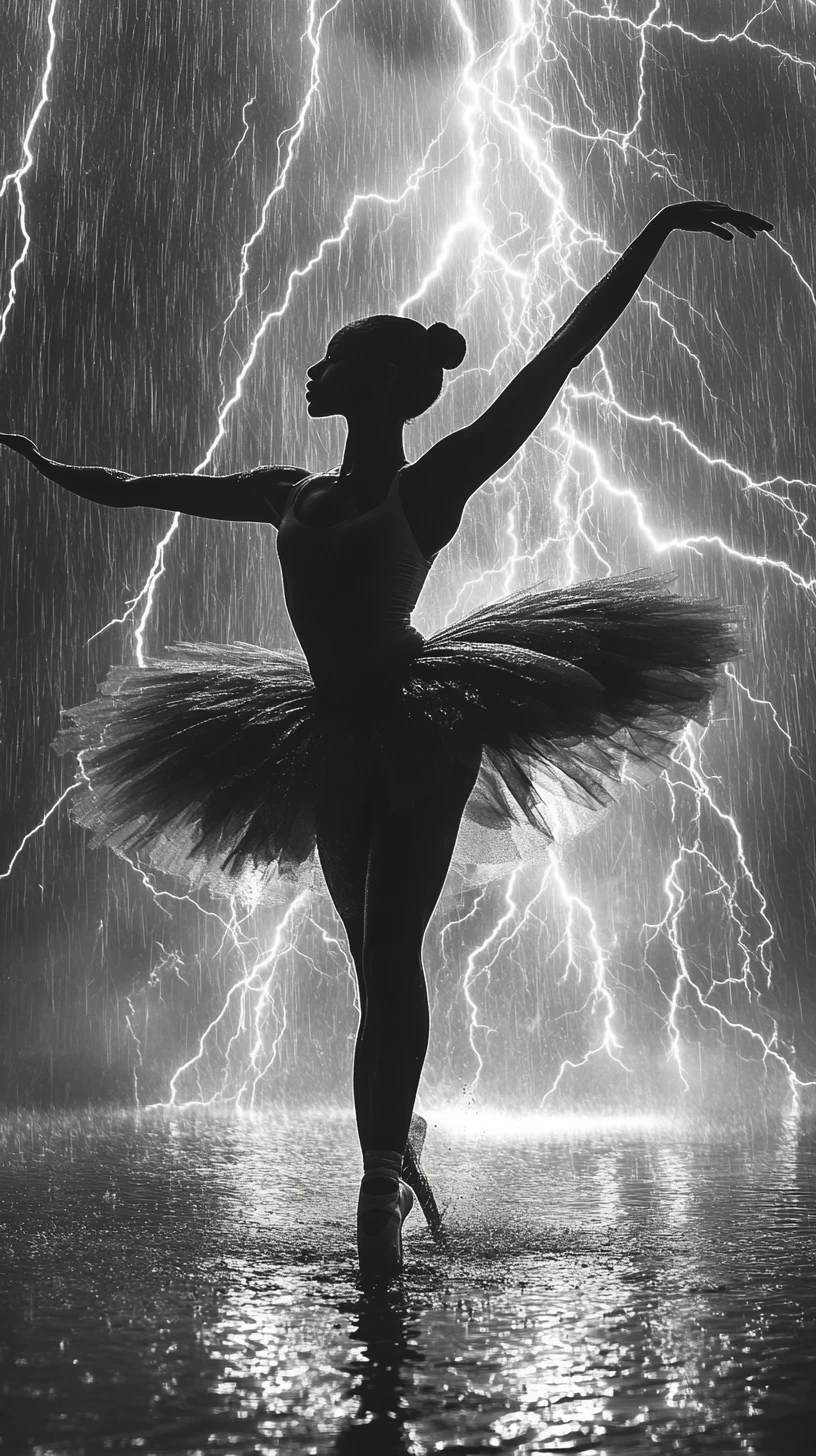 Ballerina melanina che danza sotto la pioggia in bianco e nero
