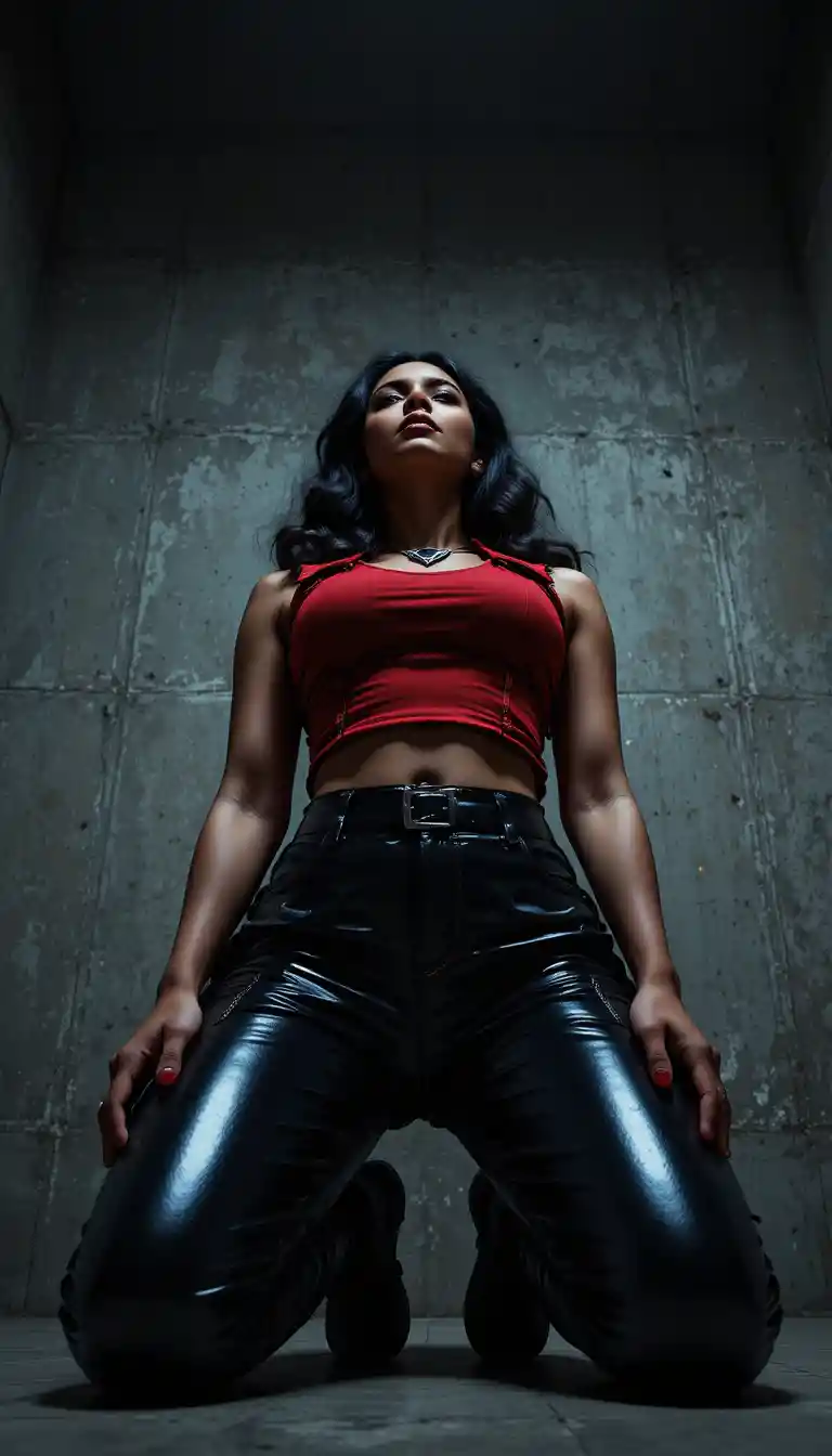 Low angle portrait of glamorous woman in tactical vest