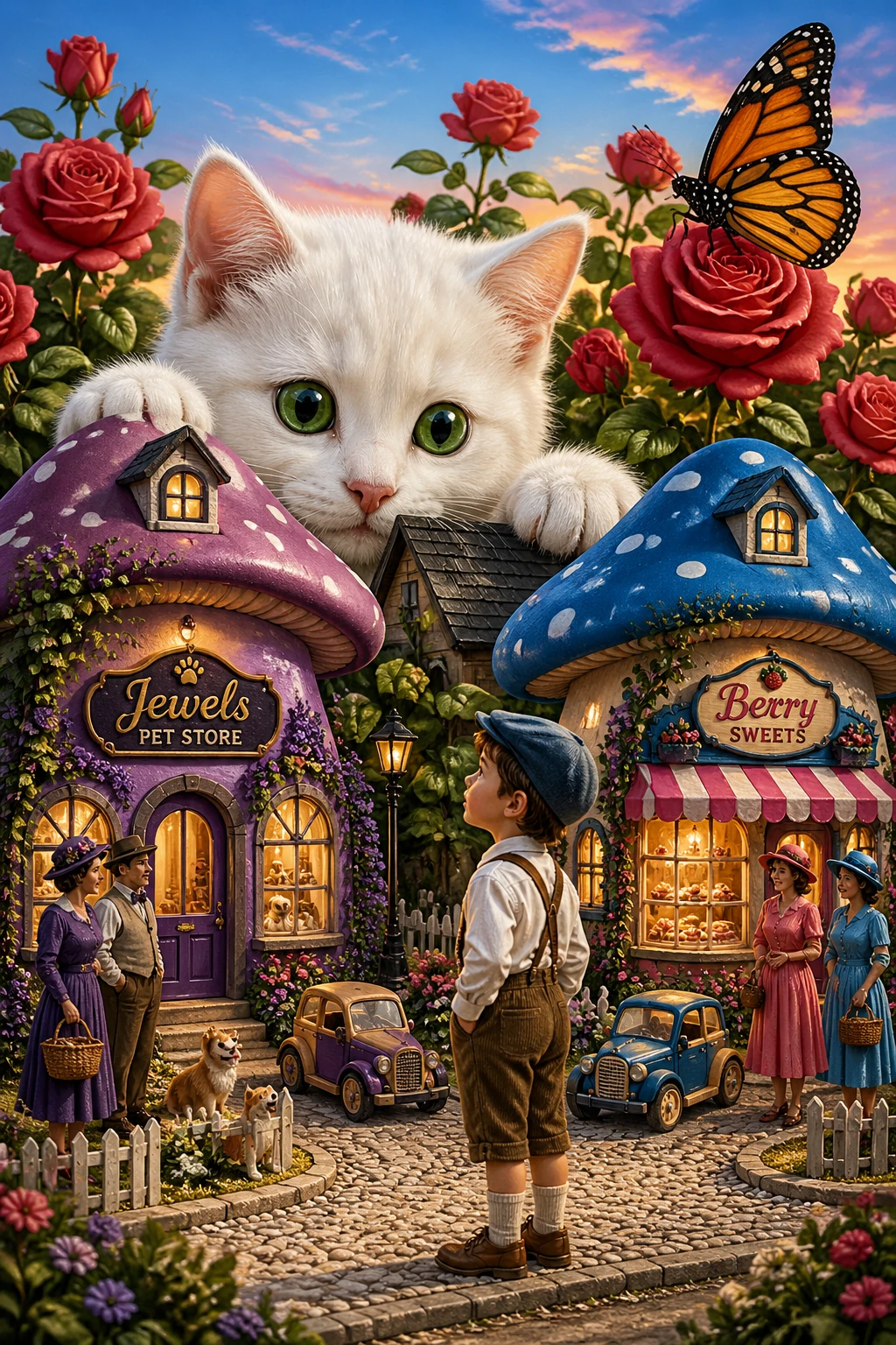 Giant white kitten towering over a tiny fantasy town