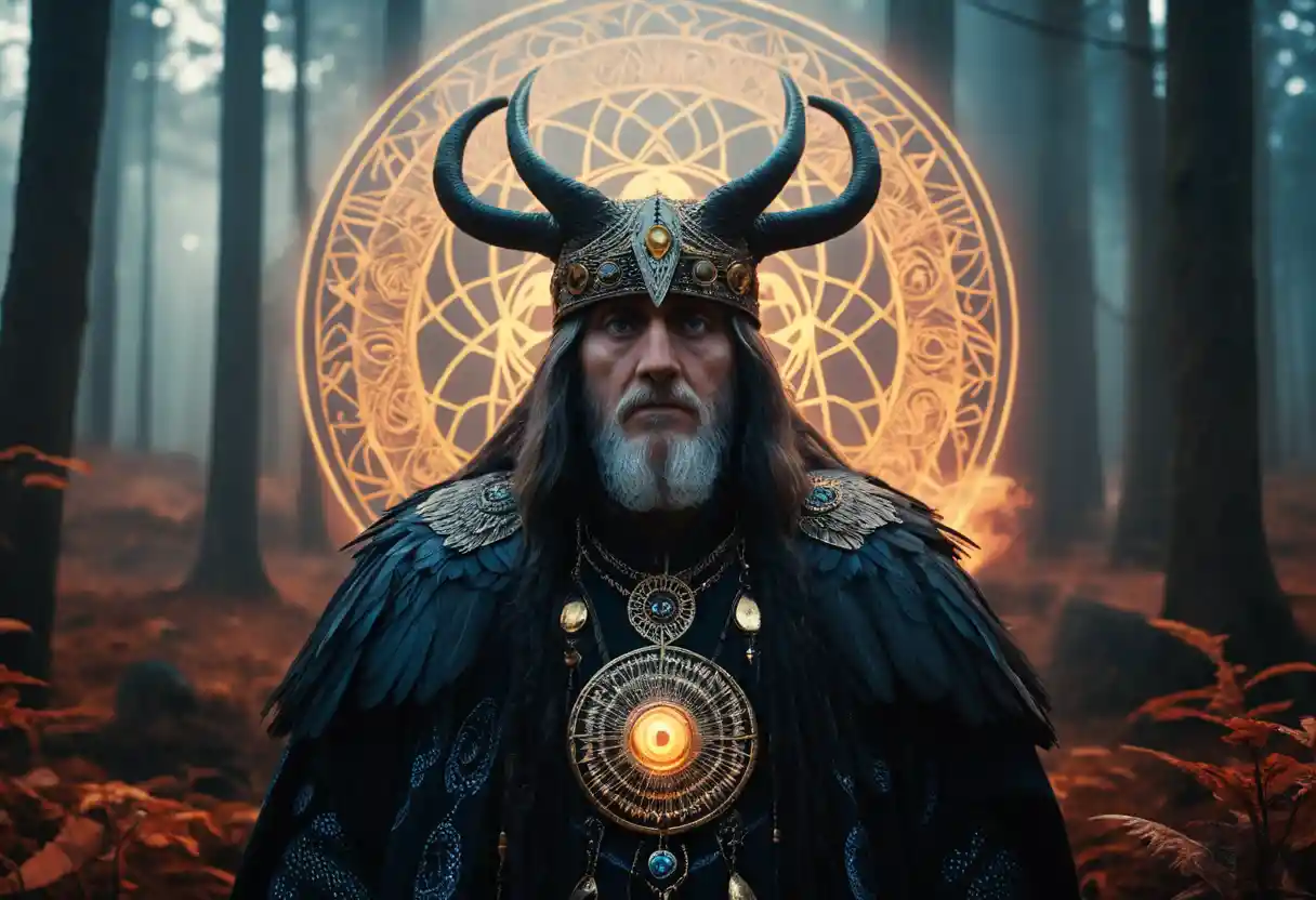 Surreal vision of a shaman with a mythical eight legged horse